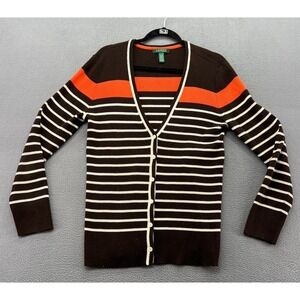 Lauren Ralph Lauren Sweater Striped Ribbed Cardigan Brown Orange White XL
